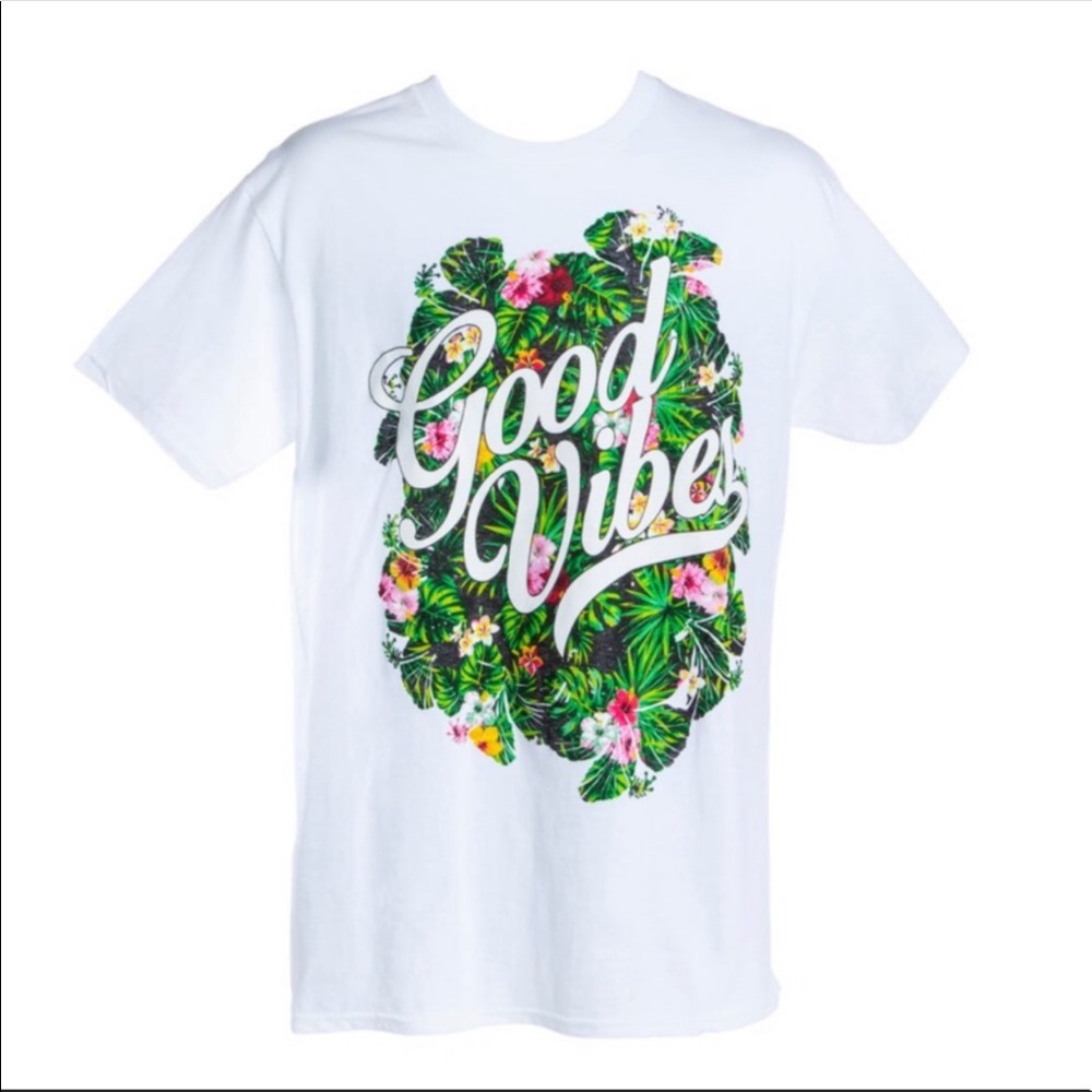 New men white tee Good Vibes floral graphic tshirt